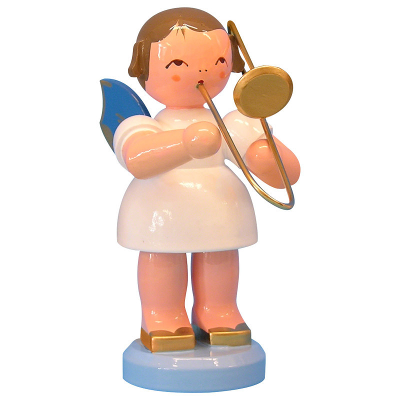 Angel with French Horn - Blue Wings - Standing - 9,5 cm / 3,7 inch