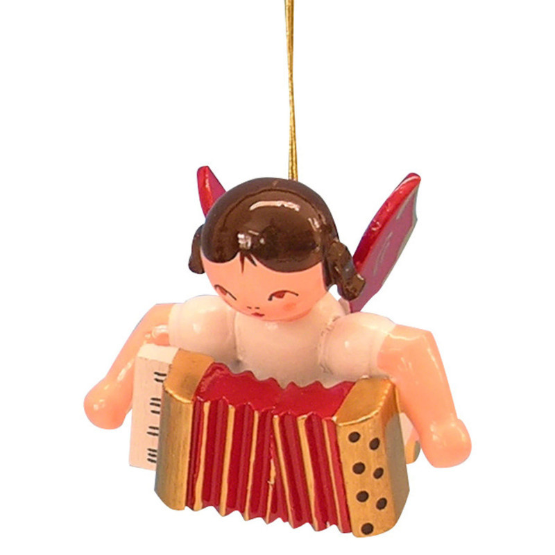 Tree Ornament - Angel with Accordion - Red Wings - Floating - 5,5 cm / 2,1 inch