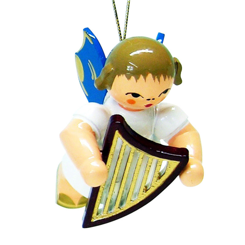 Tree Ornament - Angel with Lyre - Blue Wings - Floating - 5,5 cm / 2.1 inch