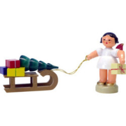 Engel mit Geschenkeschlitten - Rote Flügel - stehend - 6 cm