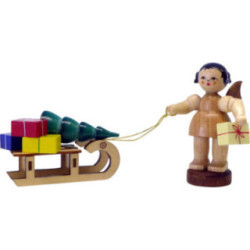 Engel mit Geschenkeschlitten - natur - stehend - 6 cm