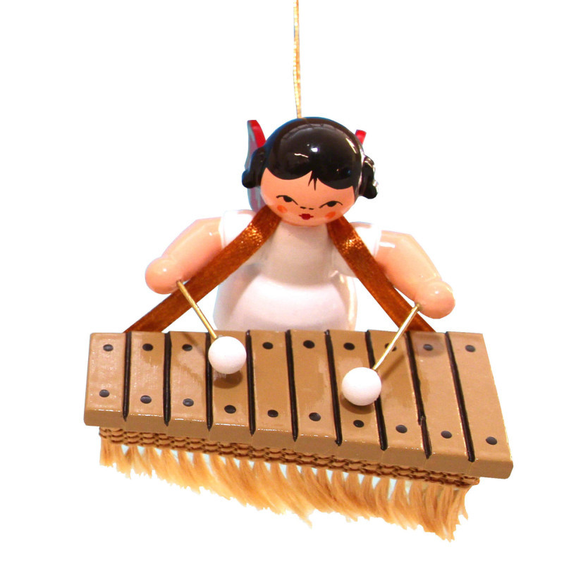 Tree Ornament - Angel with Bass Xylophone - Red Wings - Floating - 5,5 cm / 2.2 inch