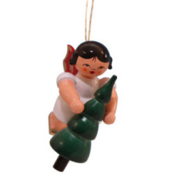 Tree Ornament - Angel with Christmas Tree - Red Wings - Floating - 5,5 cm / 2.2 inch