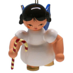 Tree Ornament - Angel with Candy Cane - Blue Wings - Floating - 5,5 cm / 2.2 inch