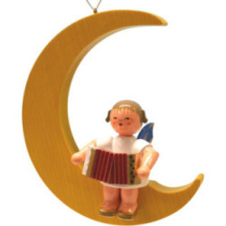 Engel mit Akkordeon - Blaue Flügel - sitzend im Mond gelb - 16,5 cm