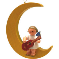 Engel mit Gitarre - Blaue Flügel - sitzend im Mond gelb - 16,5 cm