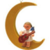 Engel mit Gitarre - Blaue Flügel - sitzend im Mond gelb - 16,5 cm