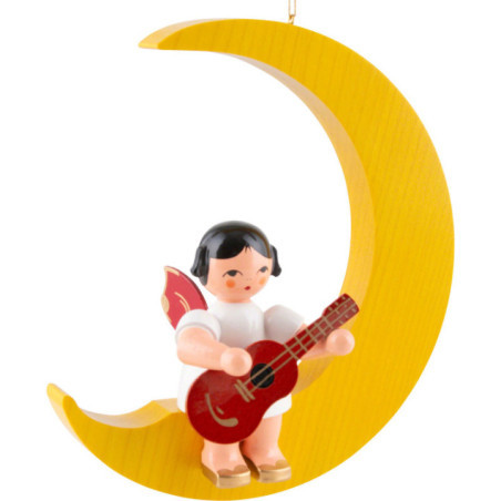 Engel mit Gitarre - Rote Flügel - sitzend im Mond gelb - 16,5 cm