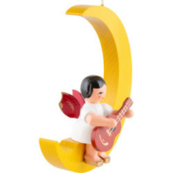 Engel mit Gitarre - Rote Flügel - sitzend im Mond gelb - 16,5 cm