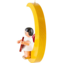 Engel mit Gitarre - Rote Flügel - sitzend im Mond gelb - 16,5 cm