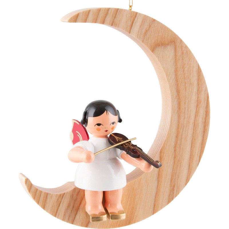 Angel with Violin - Red Wings - Sitting in Natural-Colored Moon - 16,5 cm / 6.5 inch