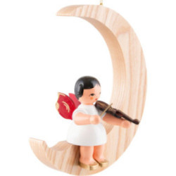 Angel with Violin - Red Wings - Sitting in Natural-Colored Moon - 16,5 cm / 6.5 inch