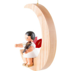 Engel mit Violine - Rote Flügel - sitzend im Mond natur - 16,5 cm