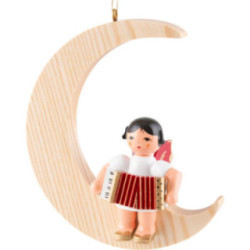 Angel with Accordion - Red Wings - Sitting in Natural-Colored Moon - 16,5 cm / 6.5 inch