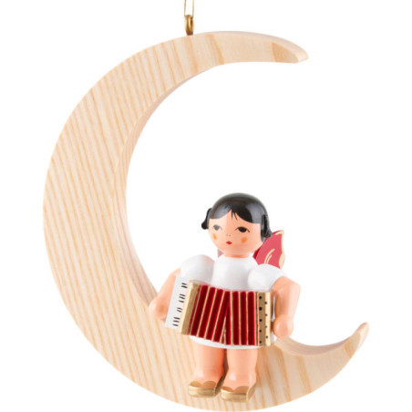 Angel with Accordion - Red Wings - Sitting in Natural-Colored Moon - 16,5 cm / 6.5 inch