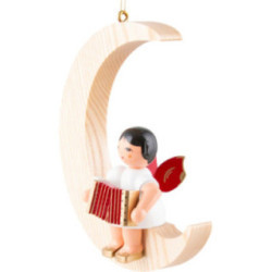 Angel with Accordion - Red Wings - Sitting in Natural-Colored Moon - 16,5 cm / 6.5 inch