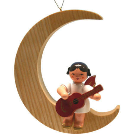 Engel mit Gitarre - Rote Flügel - sitzend im Mond natur - 16,5 cm