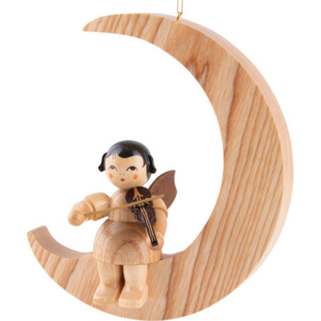 Angel with Violin - Natural Colors - Sitting in Natural-Colored Moon - 16,5 cm / 6.5 inch