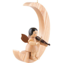Angel with Violin - Natural Colors - Sitting in Natural-Colored Moon - 16,5 cm / 6.5 inch