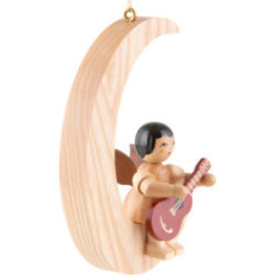 Angel with Guitar - Natural Colors - Sitting in Natural-Colored Moon - 16,5 cm / 6.5 inch