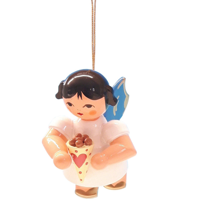 Tree Ornament - Angel with Candied Almonds - Blue Wings - Floating - 5,5 cm / 2.2 inch