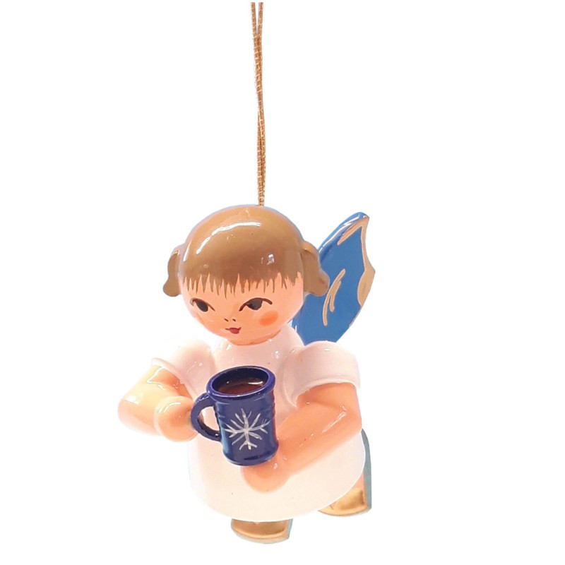 Tree Ornament - Angel with Cup of Mulled Wine - Blue Wings - Floating - 5,5 cm / 2.2 inch