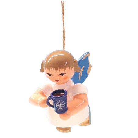 Tree Ornament - Angel with Cup of Mulled Wine - Blue Wings - Floating - 5,5 cm / 2.2 inch