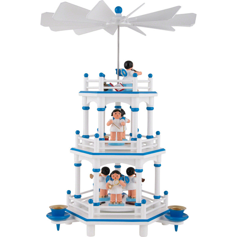 3-stöckige Pyramide weiß-blau Instrumenten-Engel mit blauen Flügeln  - 35 cm