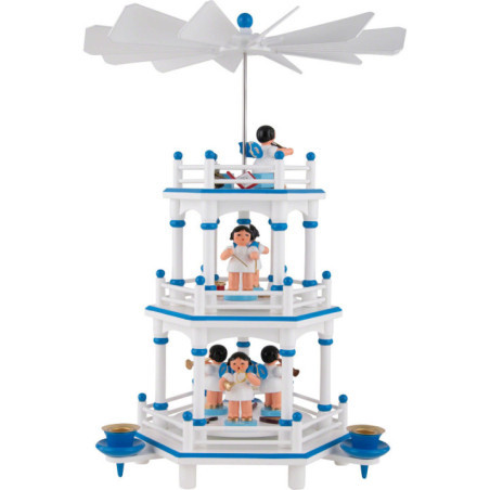 3-stöckige Pyramide weiß-blau Instrumenten-Engel mit blauen Flügeln  - 35 cm
