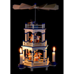 3-stöckige Pyramide weiß-blau Instrumenten-Engel mit blauen Flügeln  - 35 cm