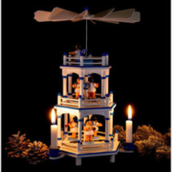 3-stöckige Pyramide weiß-blau Instrumenten-Engel mit blauen Flügeln  - 35 cm