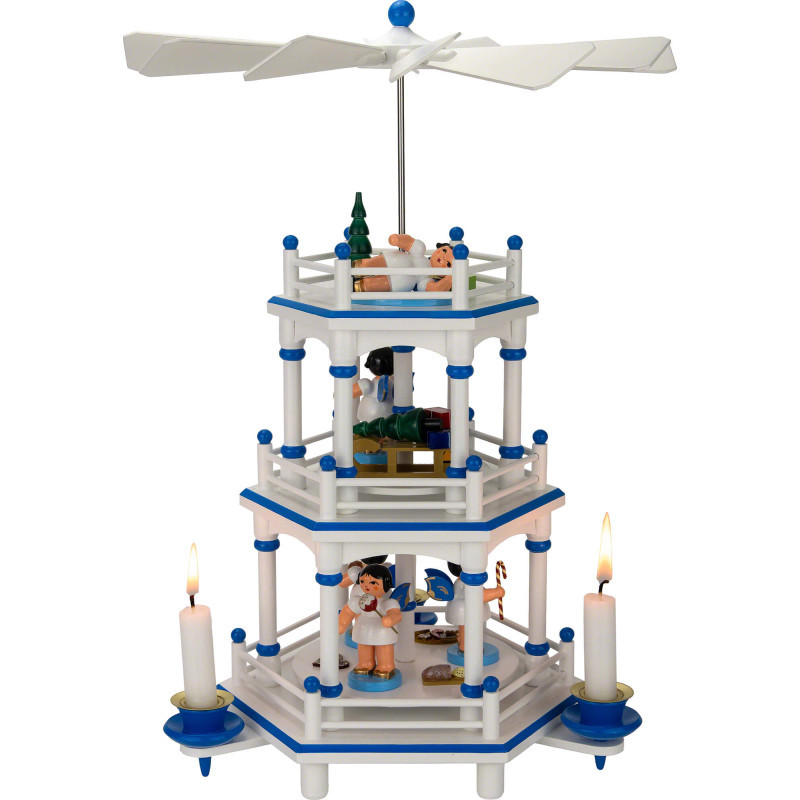 3-stöckige Pyramide weiß-blau Geschenke-Engel mit blauen Flügeln  - 35 cm