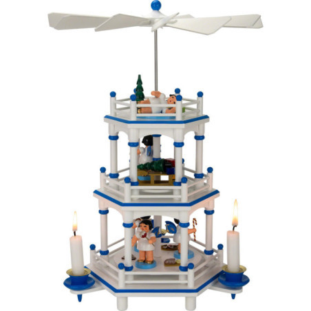 3-stöckige Pyramide weiß-blau Geschenke-Engel mit blauen Flügeln  - 35 cm
