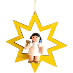 Angel with Bell - Blue Wings - Sitting in Yellow Star - 10,5 cm / 4.1 inch