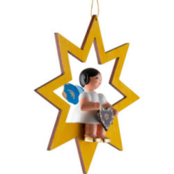 Angel with Gingerbread Heart - Blue Wings - Sitting in Yellow Star - 10,5 cm / 4.1 inch