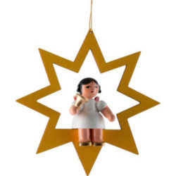 Angel with Bell - Red Wings - Sitting in Yellow Star - 10,5 cm / 4.1 inch