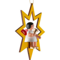 Angel with Bell - Red Wings - Sitting in Yellow Star - 10,5 cm / 4.1 inch