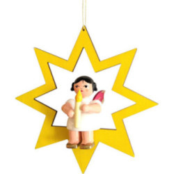Angel with Candle - Red Wings - Sitting in Yellow Star - 10,5 cm / 4.1 inch