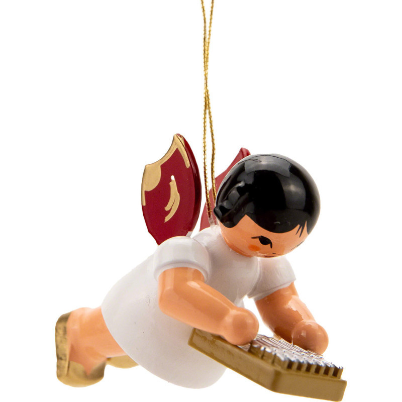 Christbaumschmuck Engel schwebend mit Kalimba - Rote Flügel - 5,5 cm