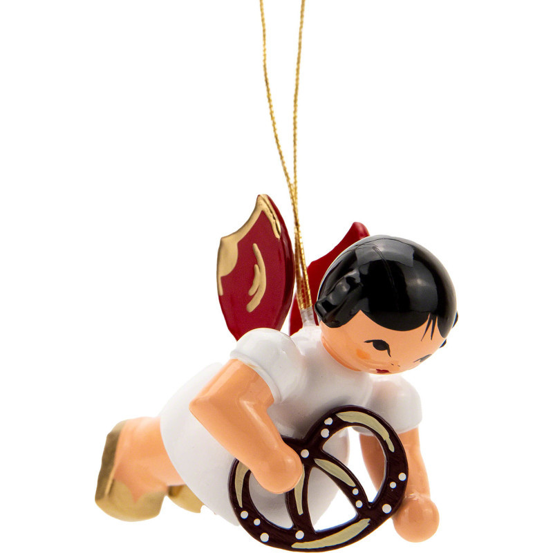 Christbaumschmuck Engel schwebend mit Brezel - Rote Flügel - 5,5 cm