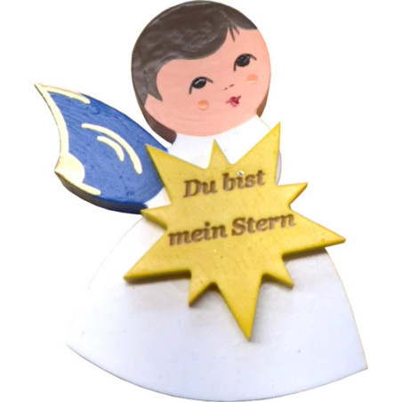 Fridge Magnet - Angel with Star - Blue Wings - "Du bist mein Stern" - 7,5 cm / 3 inch
