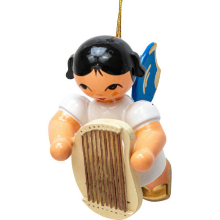 Christbaumschmuck Engel mit Classic Lyra - Blaue Flügel - schwebend - 5,5 cm