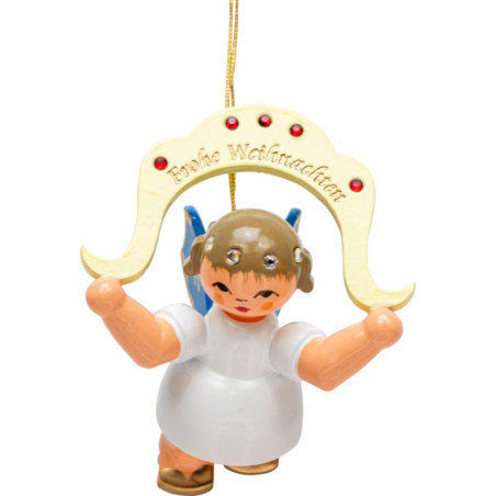 Christbaumschmuck Engel "Frohe Weihnachten" - Swarovski-Edition - Blaue Flügel - schwebend - 6,5 cm