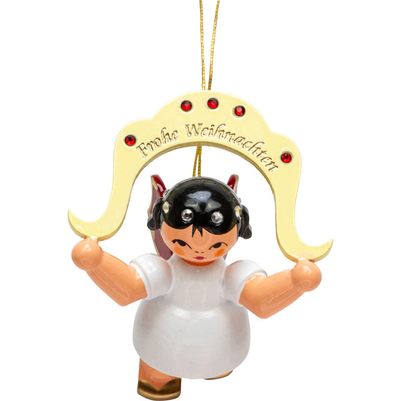 Tree Ornament - Angel "Frohe Weihnachten" ("Merry Christmas") - Swarovski Edition - Red Wings - Floating - 6,5 cm / 2.6 inch