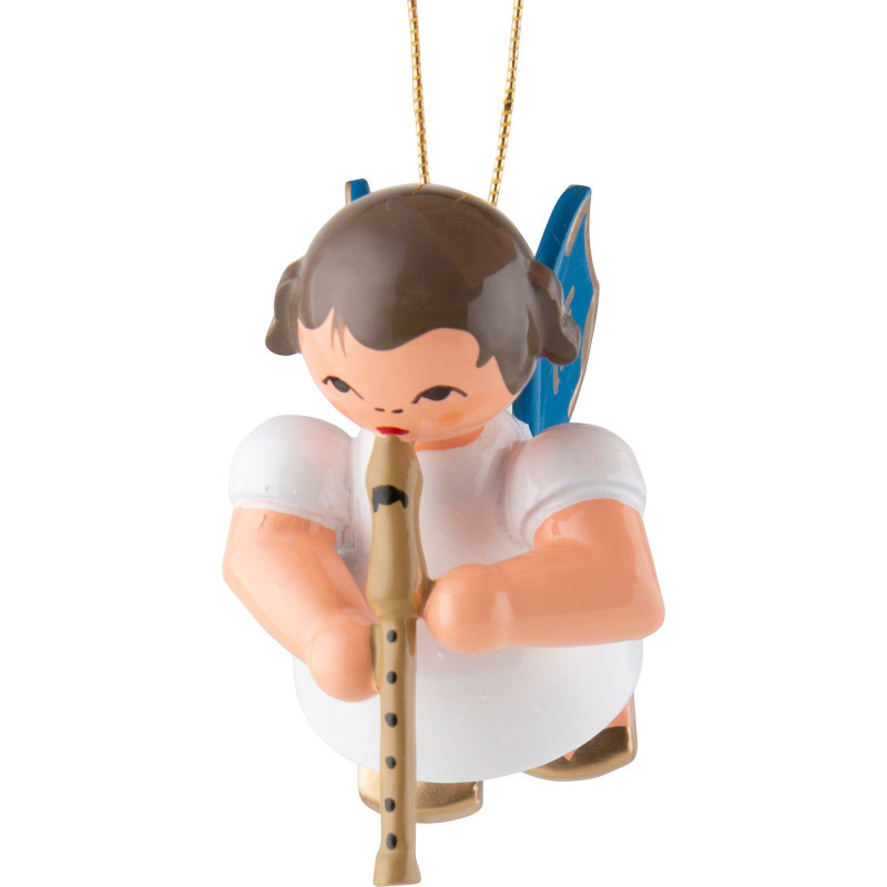 Christbaumschmuck Engel mit Blockflöte - Blaue Flügel - schwebend - 5,5 cm