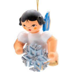 Christbaumschmuck Engel mit Schneekristall - Blaue Flügel - schwebend - 5,5 cm