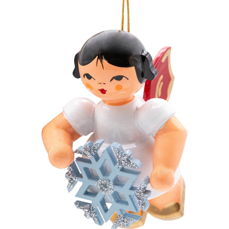 Tree Ornament - Angel with Snow Crystal - Red Wings - Floating - 5,5 cm / 2.2 inch