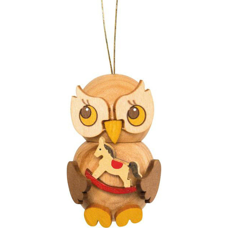 Christbaumschmuck Eulenkind mit Schaukelpferd - 4 cm