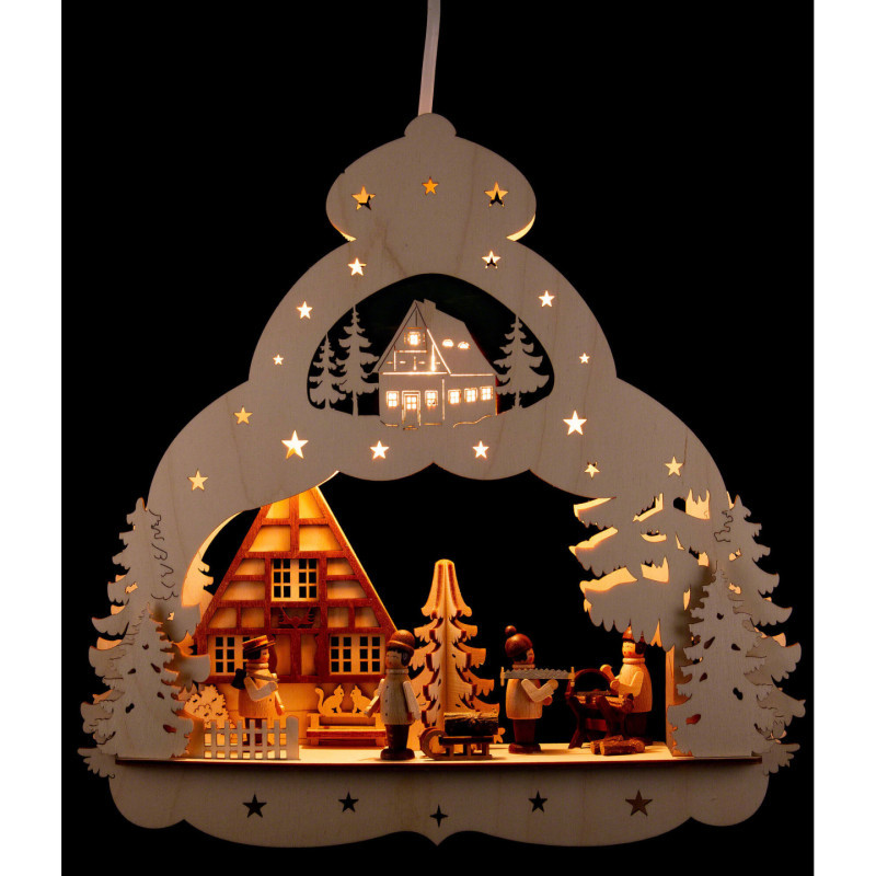 Fensterbild Fachwerkhaus mit Waldleuten - 29,8 cm