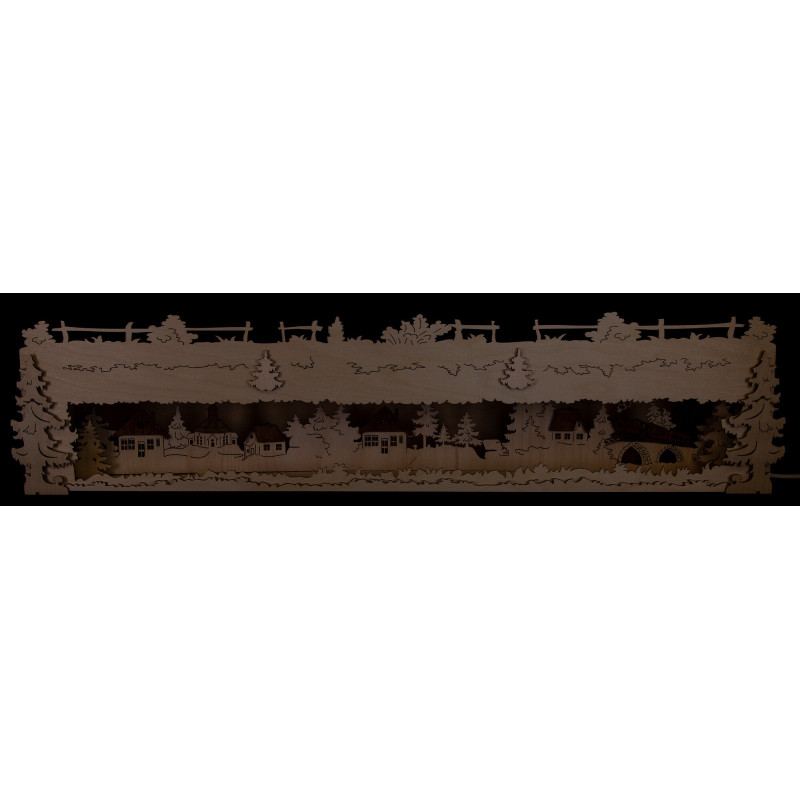 Schwibbogen-Unterbau Seiffener Dorf mit braun lasierten Dächern - 73x16 cm